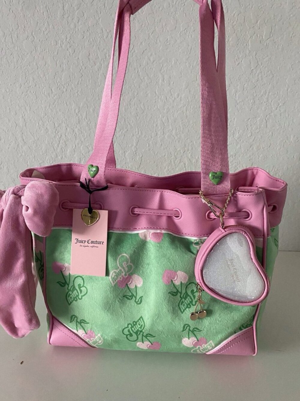 Juicy Couture Retro Juicy Cherry Gelato Daydreamer Tote Bag Green Pink NEW